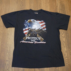Vintage T Shirt Mens L Black Protect Our American Traditions Eagle Gun 3D Emblem